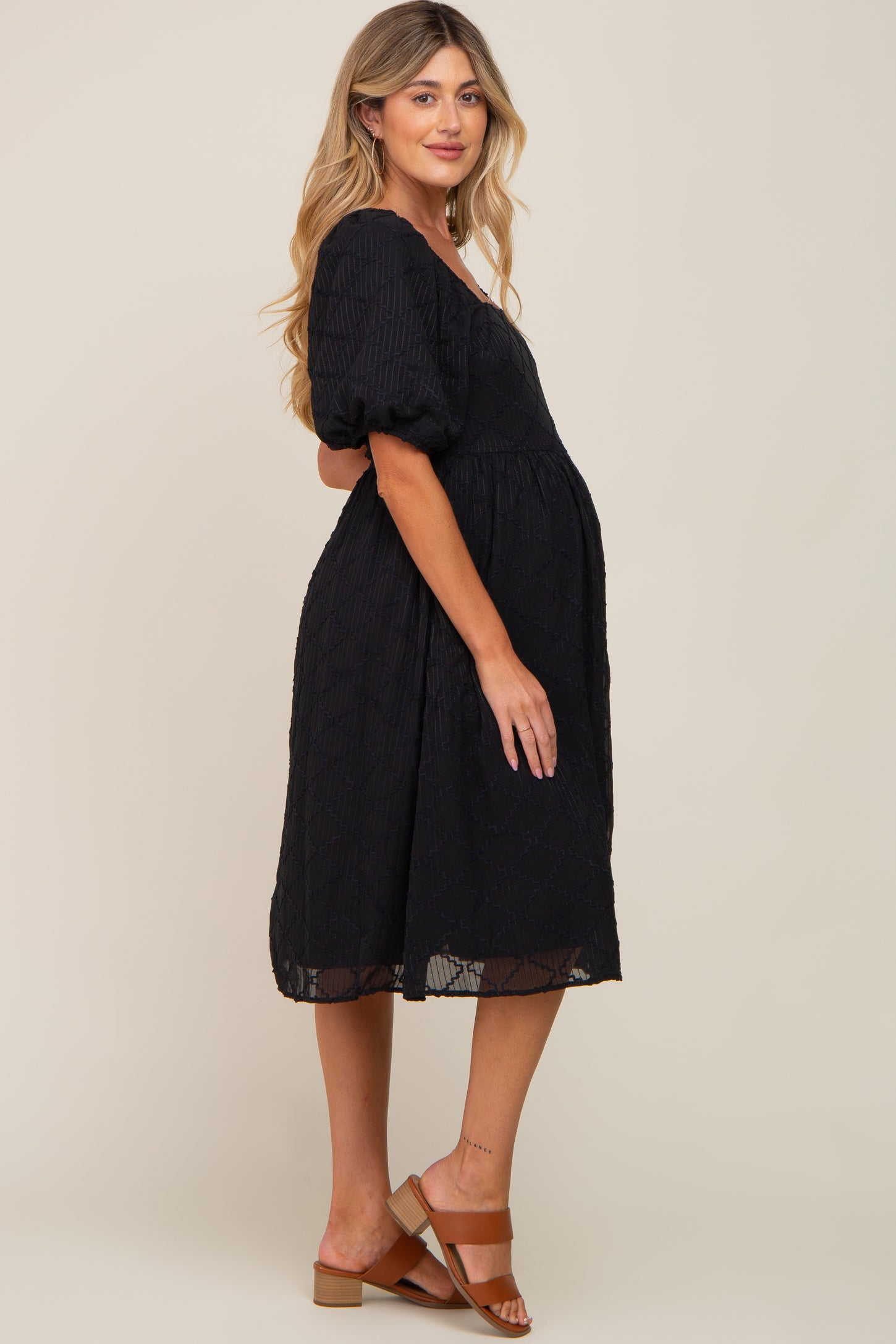 Black Striped Textured Chiffon Maternity Midi Dress