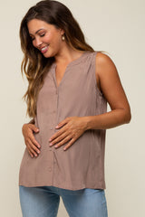 Mocha Sleeveless Front Button Maternity Top