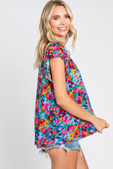 Fuchsia Multi-Color Floral Ruffle Front Tie Top