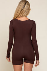 Brown Square Neck Long Sleeve Maternity Romper