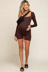 Brown Square Neck Long Sleeve Maternity Romper