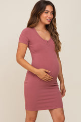 Mauve Split Neck Ribbed Fitted Maternity Dress