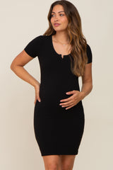 Black Split Neck Ribbed Fitted Maternity Dress