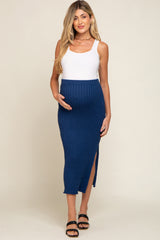 Navy Blue Ribbed Side Slit Sweater Maternity Midi Skirt