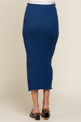 Navy Blue Ribbed Side Slit Sweater Maternity Midi Skirt