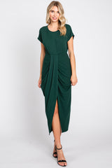 Forest Green Ribbed Front Drape Midi Dress