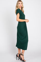 Forest Green Ribbed Front Drape Midi Dress