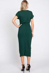 Forest Green Ribbed Front Drape Midi Dress