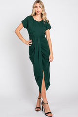 Forest Green Ribbed Front Drape Midi Dress