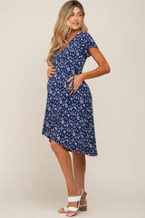 Navy Blue Printed V-Neck Wrap Maternity Dress