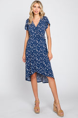 Navy Blue Printed V-Neck Wrap Maternity Dress