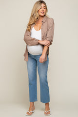 Brown Satin Checkered Button-Down Long Sleeve Maternity Top