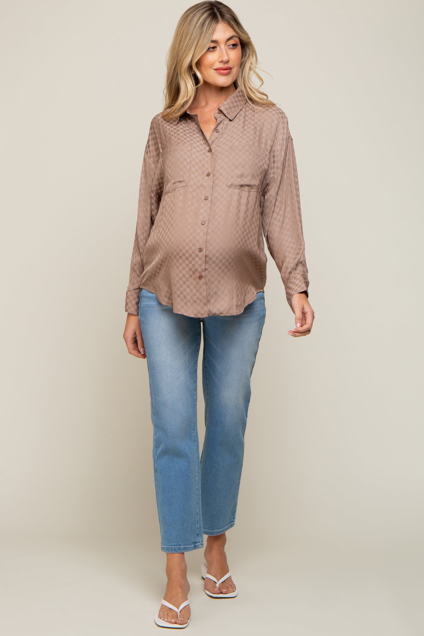 Brown Satin Checkered Button-Down Long Sleeve Maternity Top