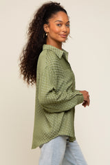 Olive Satin Checkered Button-Down Long Sleeve Top