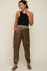 Olive Satin Cargo Maternity Jogger Pants