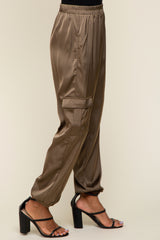 Olive Satin Cargo Jogger Pants