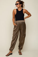 Olive Satin Cargo Maternity Jogger Pants