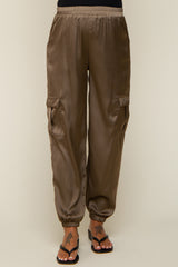 Olive Satin Cargo Maternity Jogger Pants