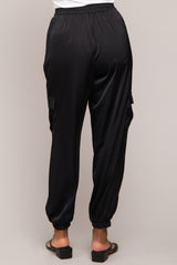 Black Satin Cargo Jogger Pants