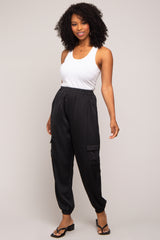 Black Satin Cargo Jogger Pants