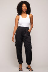 Black Satin Cargo Jogger Pants