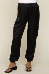 Black Satin Cargo Maternity Jogger Pants