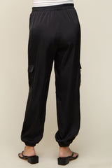 Black Satin Cargo Maternity Jogger Pants