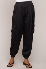 Black Satin Cargo Jogger Pants