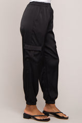 Black Satin Cargo Jogger Pants