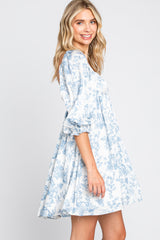 White Floral Puff Sleeve Satin Dress