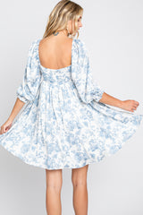 White Floral Puff Sleeve Satin Dress