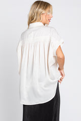 White Satin Button Front Collared Short Sleeve Top