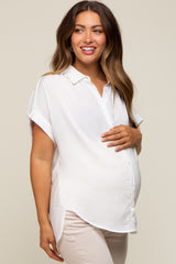 White Satin Button Front Collared Short Sleeve Maternity Top