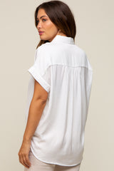 White Satin Button Front Collared Short Sleeve Maternity Top