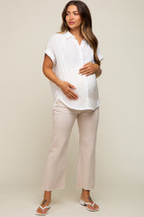 White Satin Button Front Collared Short Sleeve Maternity Top