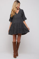 Black Vintage Wash Tiered Maternity Dress