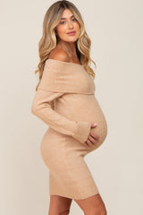 Beige Off-Shoulder Fold Over Maternity Sweater Dress