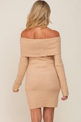 Beige Off-Shoulder Fold Over Maternity Sweater Dress