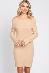 Beige Off-Shoulder Fold Over Maternity Sweater Dress