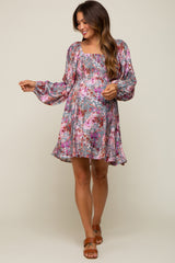 Pink Floral Shimmer Satin Smocked Maternity Dress