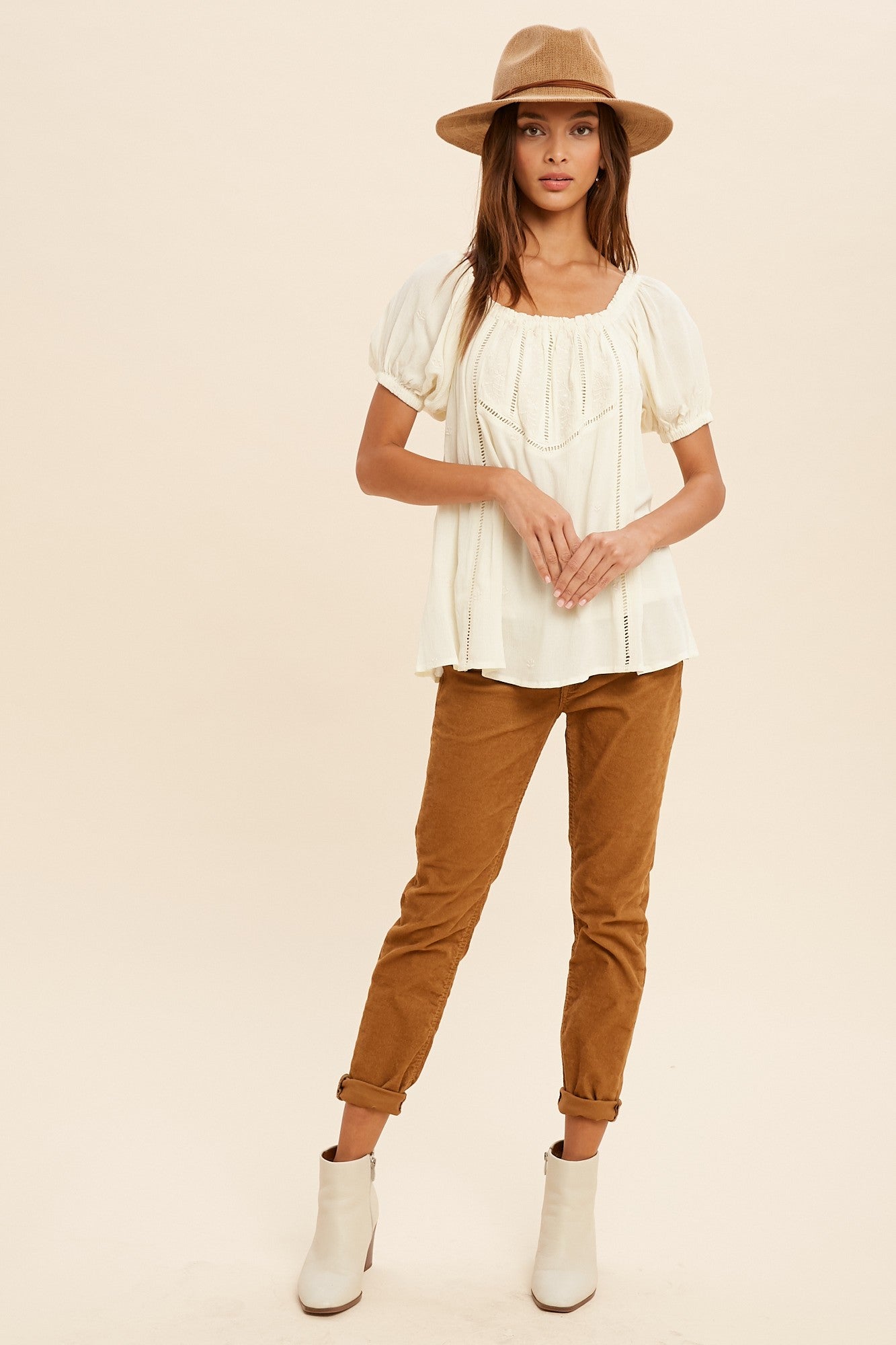 Cream Embroidered Puff Sleeve Peasant Blouse