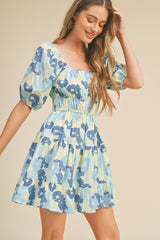 Blue Floral Print Tiered Mini Dress