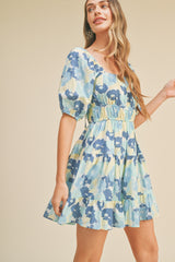 Blue Floral Print Tiered Mini Dress