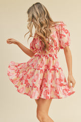 Pink Floral Print Tiered Mini Dress