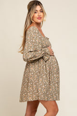 Light Olive Floral Smocked Lace Up Back Maternity Dress