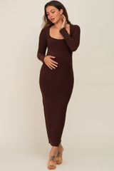 Brown Square Neck Fitted Long Sleeve Maternity Maxi Dress