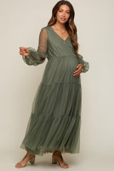 Olive Mesh Overlay Tiered Maternity Maxi Dress