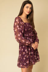 Burgundy Floral Smocked Long Sleeve Dress