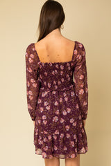 Burgundy Floral Smocked Long Sleeve Dress