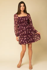 Burgundy Floral Smocked Long Sleeve Dress